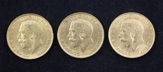 Three George V gold sovereigns, 1911, 1912 and 1915,